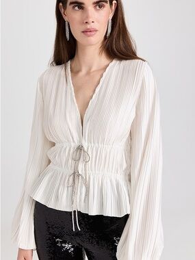 Wayf Ivory Pleated V-Neck Tie-Front Blouse